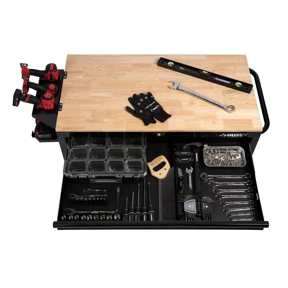 Mobile workbench with 9 drawers, hardwood top and power connection, 117 cm W x 62 cm D C high-gloss black