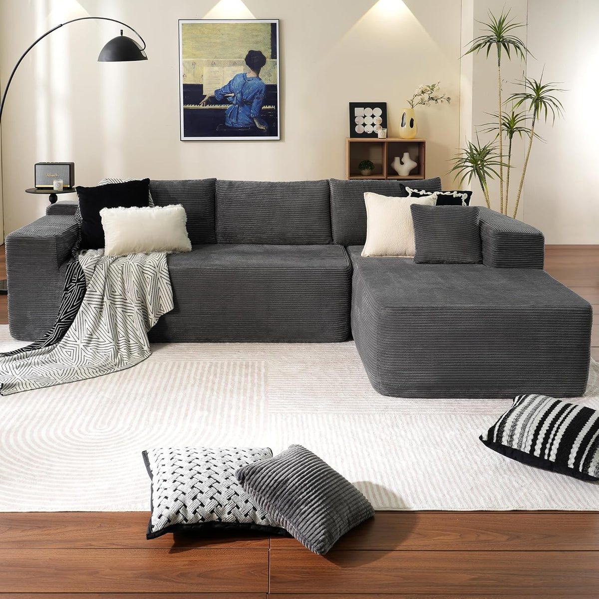 ovios 104" Cloud Sectional Couch with L-Shape Chaise,Modern Modular Sofa with Deep Seat, Upholstered Couches for Living Room Bedroom,No Assembly Required, Grey (Plush Corduroy Fabric)