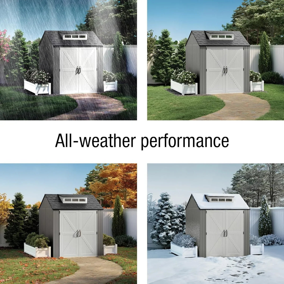 Rubbermaid resin garden shed with floor (2.13 x 2.13 m), weatherproof, grey, for storing garden tools, lawnmowers, bicycles and pool accessories