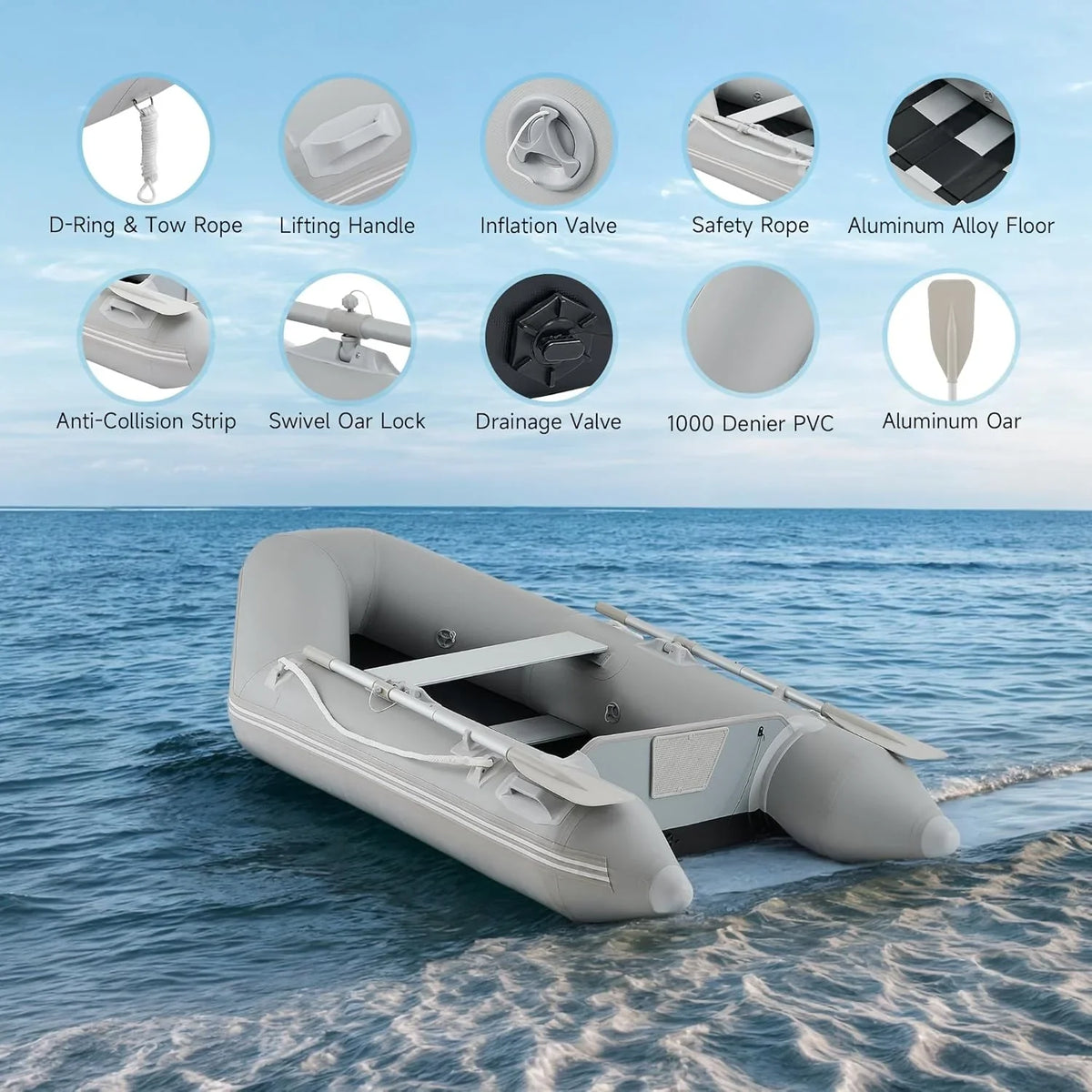 7.5ft Inflatable Dinghy Boat, 2 Person 660lb Transom Sport Tender Boat with Pump Aluminum Oars Floor, Heavy Duty Inflatable Raft Kayak for Adults