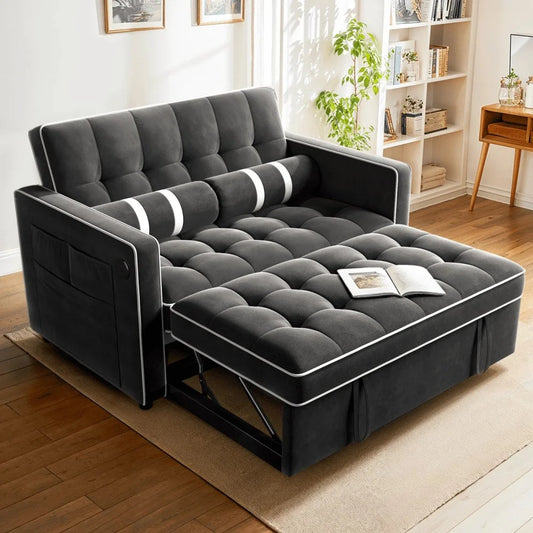 3 in 1 Pull Out Sofa Bed with Adjustable Backrest,70" Convertible Loveseat Sleeper Couch with Charging Port,Side Pockets & Cylinder Pillows for Living Room Apartment,Black