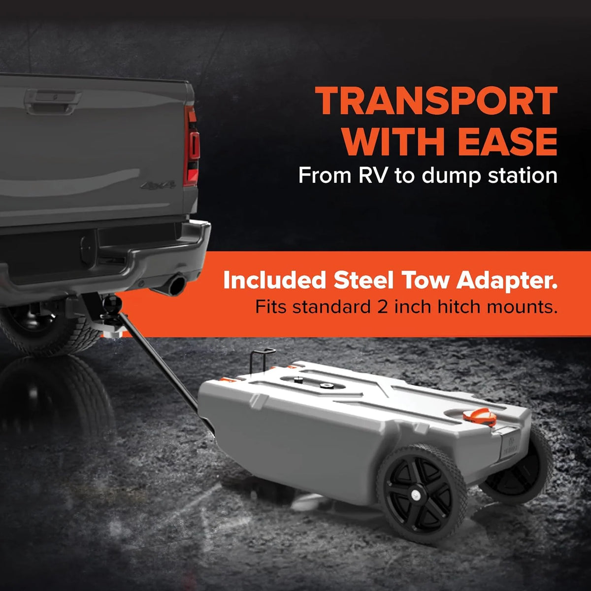 36-Gallon Portable Camper / RV Tote Tank - Features Large Heavy-Duty No-Flat Wheels & Built-In Gate Valve - Removable Steel Tow Adapter, 3 ?RV Sewer Hose & More RV Accessories (39006)