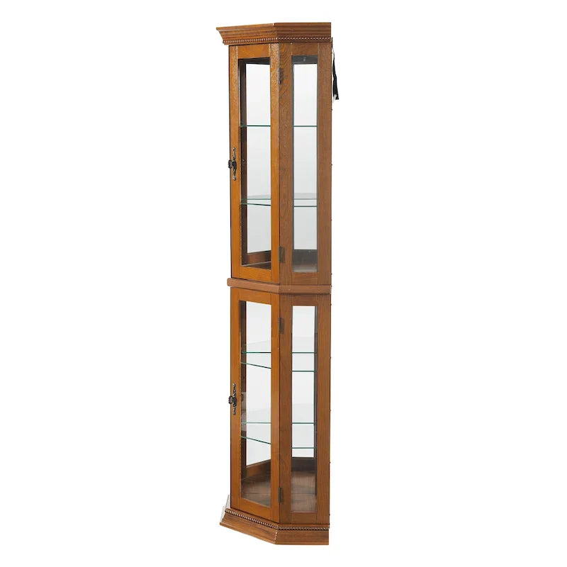 Corner Curio Cabinet with Lights, Adjustable Tempered Glass Shelves, Mirrored Back, Display Cabinet
