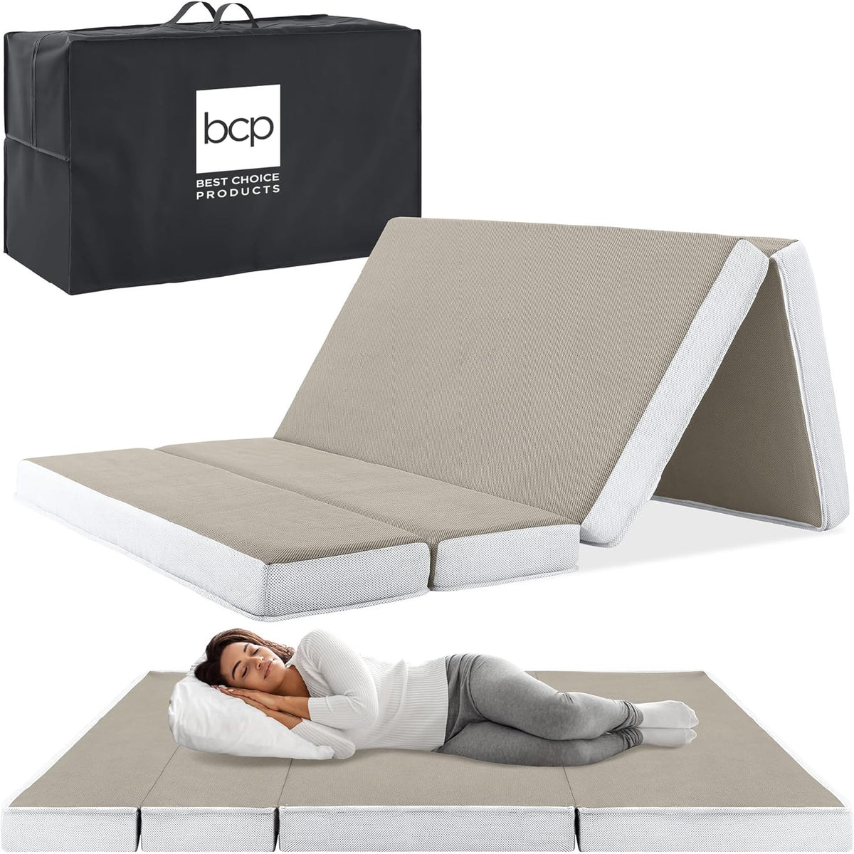 Best Choice Products 4in Portable Queen-Size Mattress, Tri-Fold Mattress for Camping, Guest, Toddler, Foam Plush w/Carry Case - Grey
