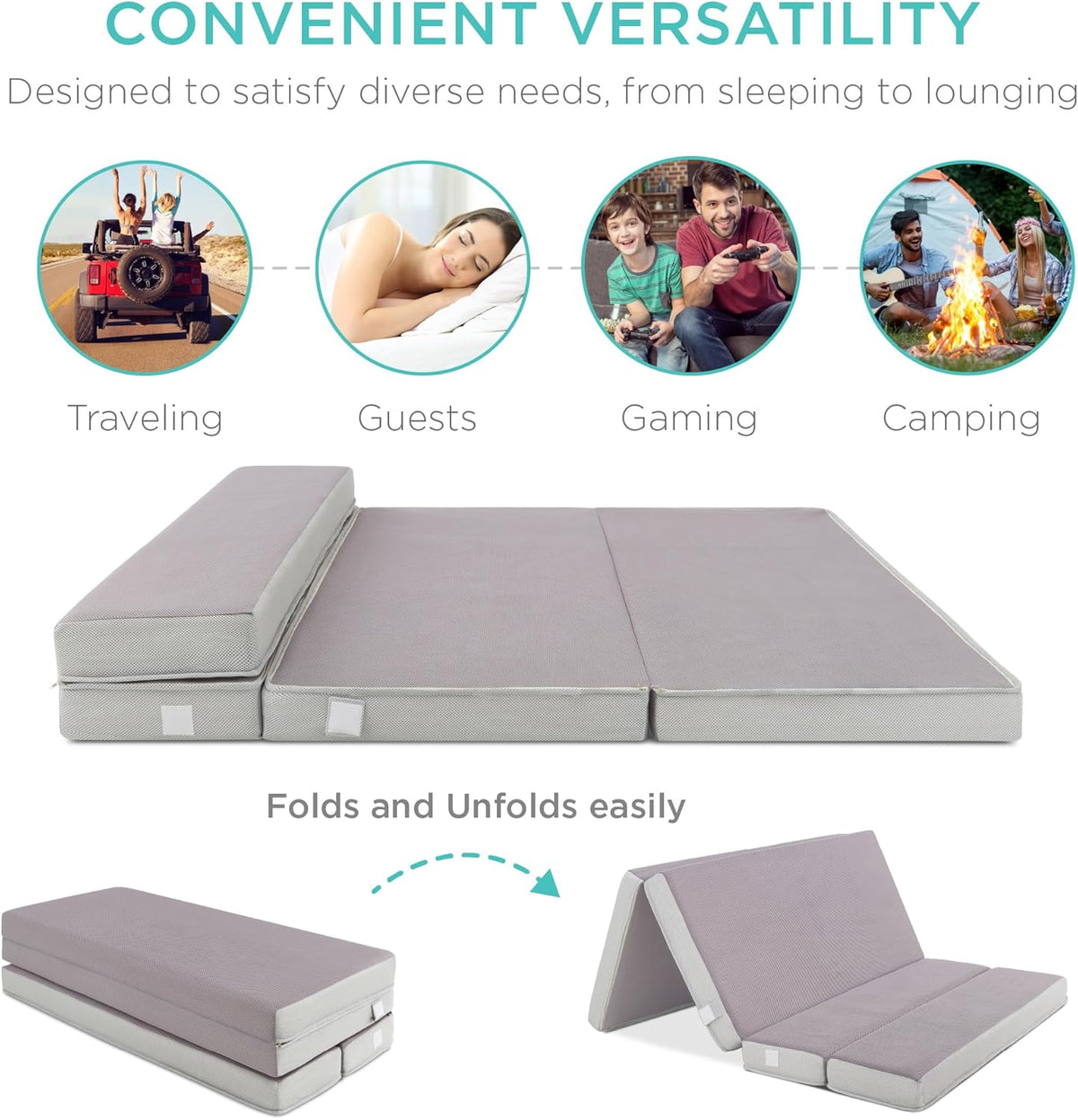 Best Choice Products 4in Portable Queen-Size Mattress, Tri-Fold Mattress for Camping, Guest, Toddler, Foam Plush w/Carry Case - Grey