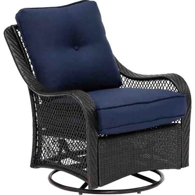 2025 5-piece steel patio fire pit seating set with navy blue cushions, swivel gliders and square fire pit table