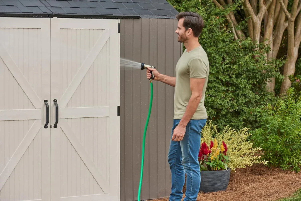 Rubbermaid resin garden shed with floor (2.13 x 2.13 m), weatherproof, grey, for storing garden tools, lawnmowers, bicycles and pool accessories