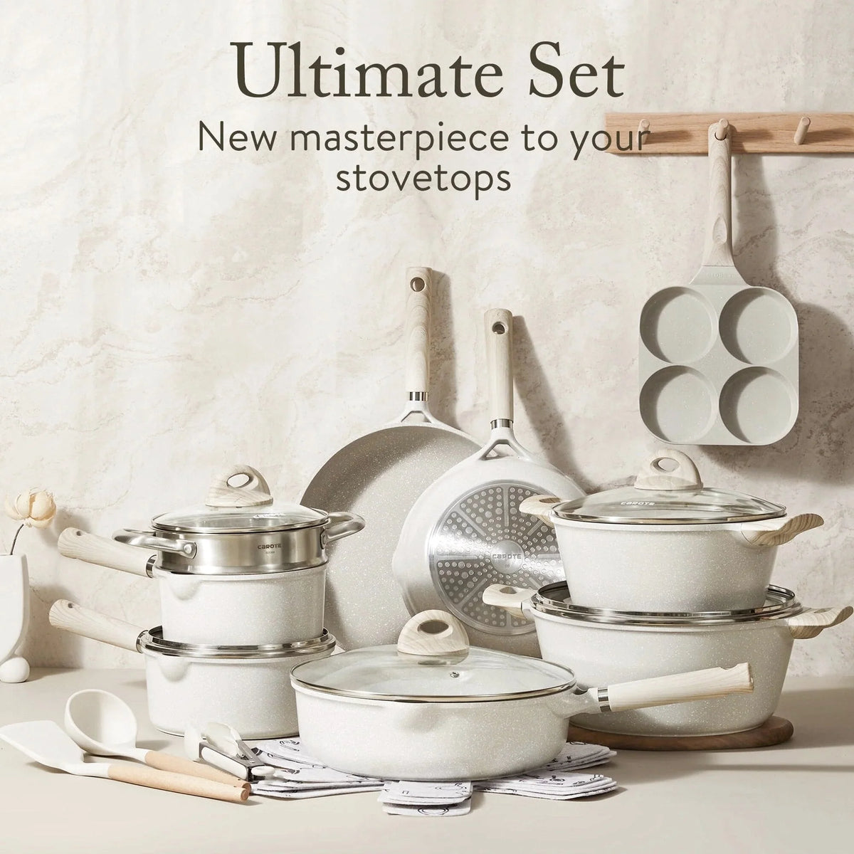 Carote 21-Piece Nonstick Cookware Set, Eco-Friendly Granite, Induction Compatible, Beige