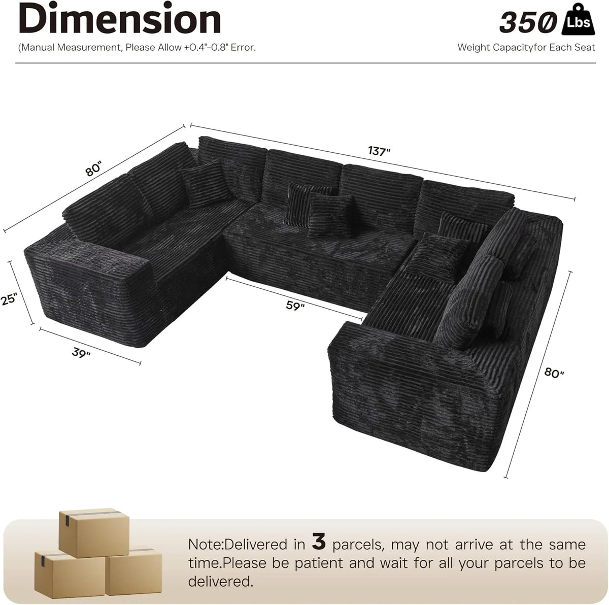 ovios 104" Cloud Sectional Couch with L-Shape Chaise,Modern Modular Sofa with Deep Seat, Upholstered Couches for Living Room Bedroom,No Assembly Required, Grey (Plush Corduroy Fabric)