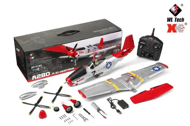 A280 RC Plane 2.4G 4CH 3D6G Mode Aircraft P51 Fighter Simulator with LED Searchlight RC Airplane Toys for Children