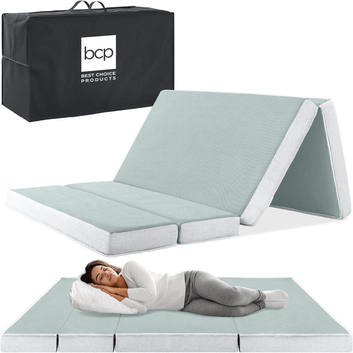 Best Choice Products 4in Portable Queen-Size Mattress, Tri-Fold Mattress for Camping, Guest, Toddler, Foam Plush w/Carry Case - Grey