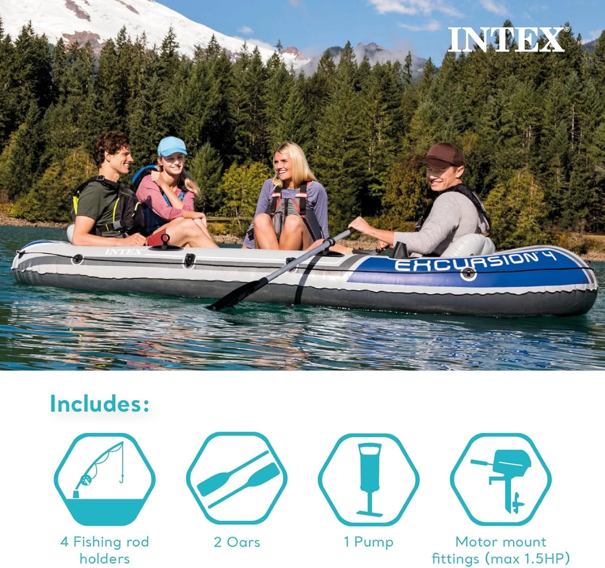 Excursion Inflatable Boat Series: Includes Deluxe 54in Boat Oars and High-Output Pump – SuperTough PVC – Adjustable Seats with Backrest – Fishing Rod Holders – Welded Oar Locks