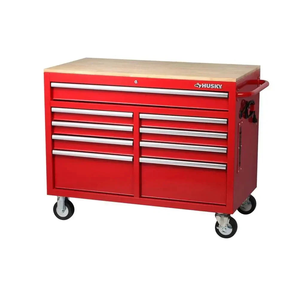 Mobile workbench with 9 drawers, hardwood top and power connection, 117 cm W x 62 cm D C high-gloss black