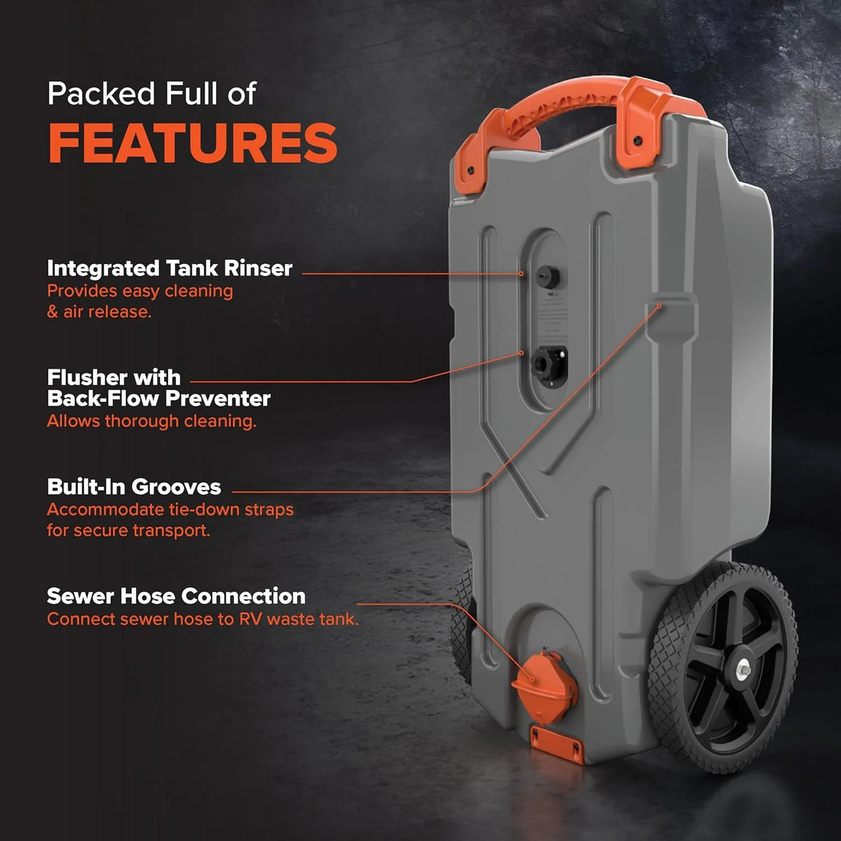 36-Gallon Portable Camper / RV Tote Tank - Features Large Heavy-Duty No-Flat Wheels & Built-In Gate Valve - Removable Steel Tow Adapter, 3 ?RV Sewer Hose & More RV Accessories (39006)