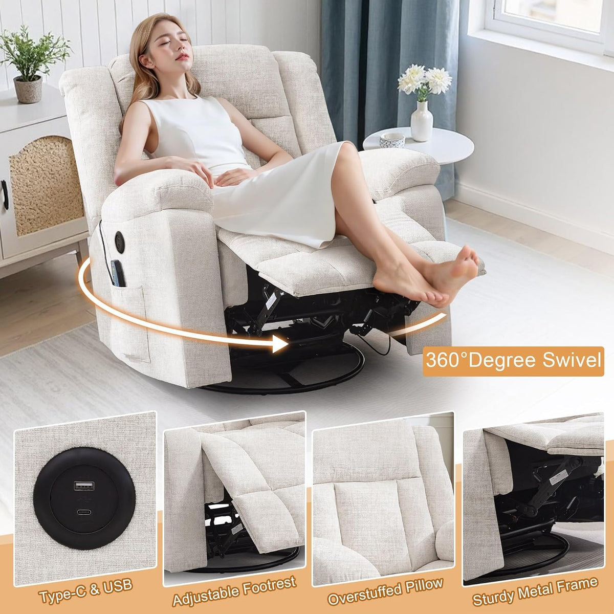 Rocker Recliner Glider Recliner Chairs for Adults 360° Swivel Rocking Chair