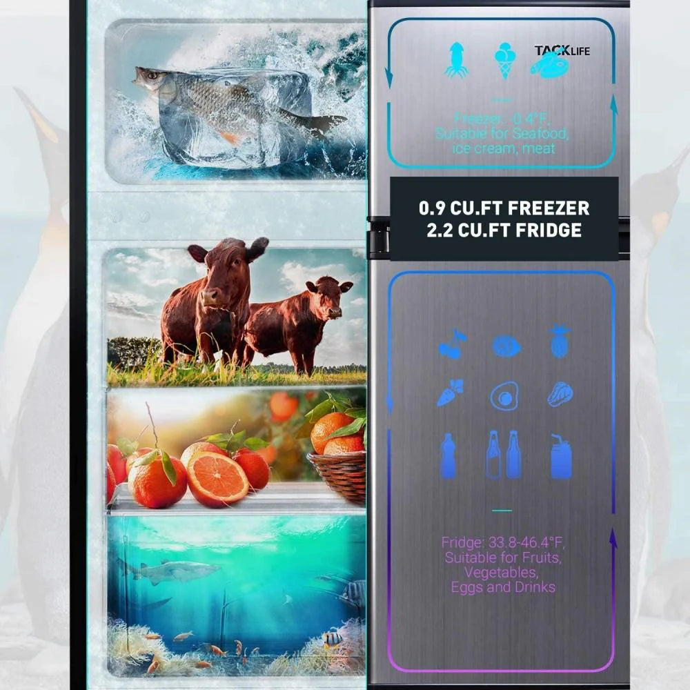 g Mini Fridge with Freezer, 3.1 Cu.Ft Small Refrigerator, Compact Refrigerator with LED Light, 2 doors, Mini Fridge for Bedroom, Office, Dorm, RV, Garage, Stainless Steel Sliver -HPVFR310