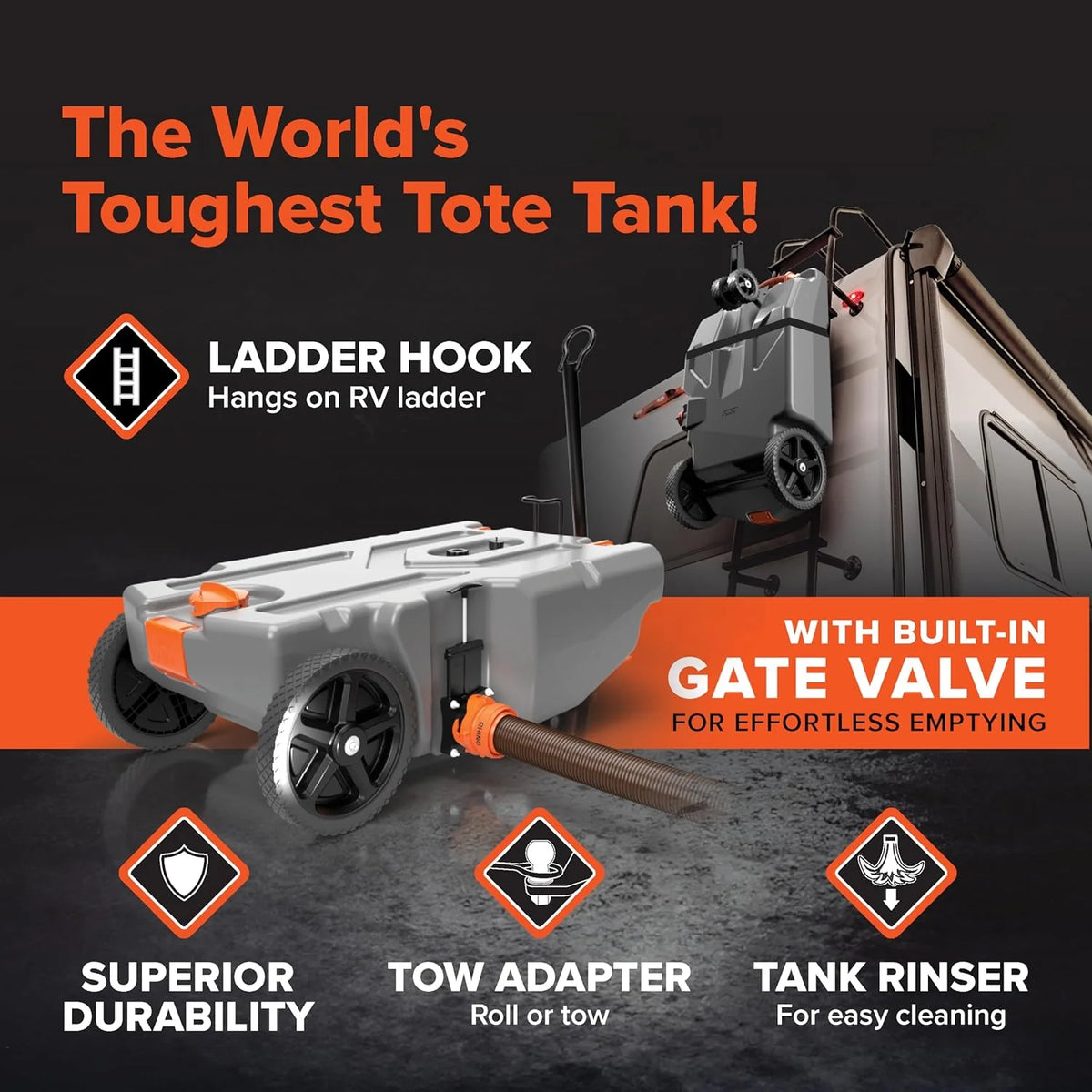 36-Gallon Portable Camper / RV Tote Tank - Features Large Heavy-Duty No-Flat Wheels & Built-In Gate Valve - Removable Steel Tow Adapter, 3 ?RV Sewer Hose & More RV Accessories (39006)