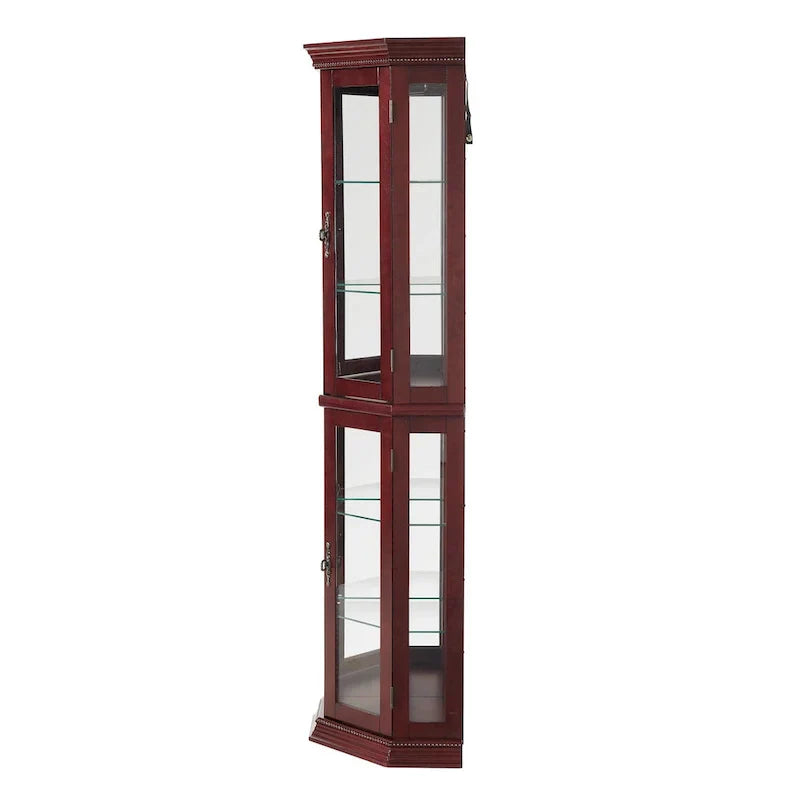 Corner Curio Cabinet with Lights, Adjustable Tempered Glass Shelves, Mirrored Back, Display Cabinet