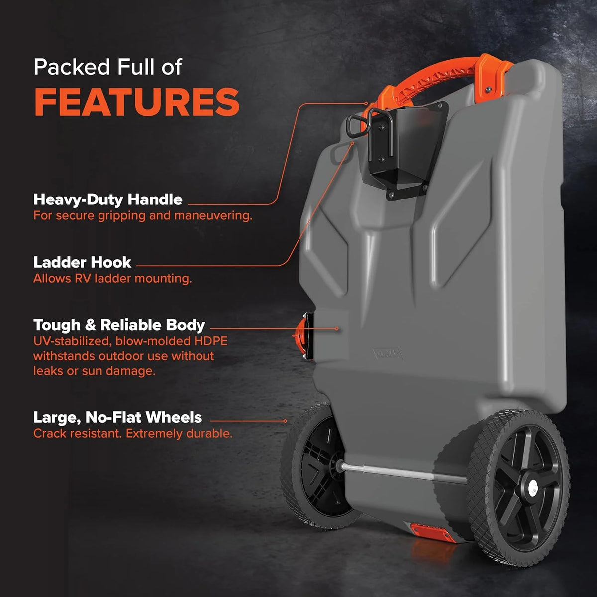 36-Gallon Portable Camper / RV Tote Tank - Features Large Heavy-Duty No-Flat Wheels & Built-In Gate Valve - Removable Steel Tow Adapter, 3 ?RV Sewer Hose & More RV Accessories (39006)