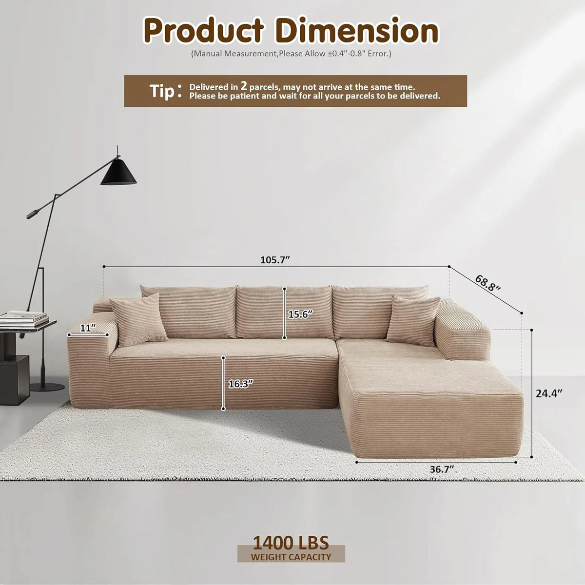 ovios 104" Cloud Sectional Couch with L-Shape Chaise,Modern Modular Sofa with Deep Seat, Upholstered Couches for Living Room Bedroom,No Assembly Required, Grey (Plush Corduroy Fabric)