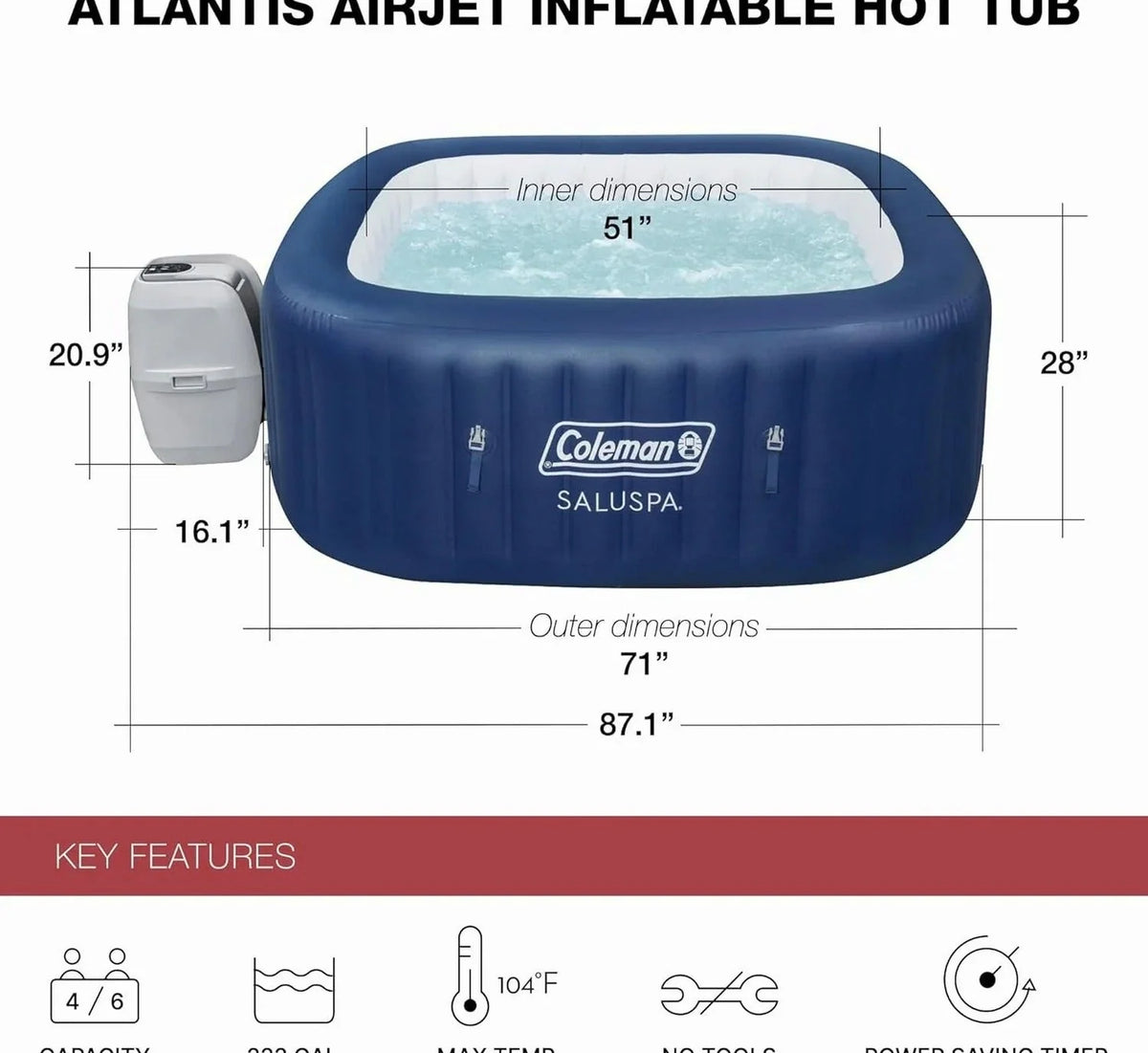 4 to 6 Person Inflatable Hot Tub Square Portable Outdoor Spa with 114 Soothing AirJets and Insulated Cover, Gray-Coleman