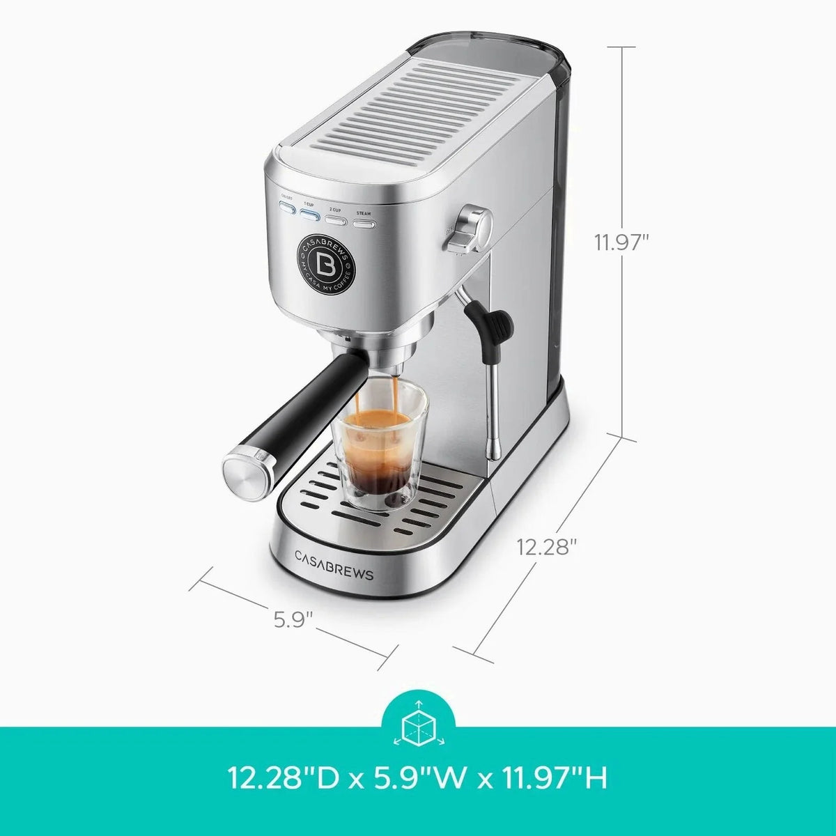 CASABREWS 5418Basic Espresso Machine with 20-Bar pressure, 34 oz Water Tank, with Milk Frother, Silver