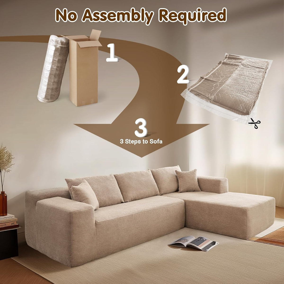 ovios 104" Cloud Sectional Couch with L-Shape Chaise,Modern Modular Sofa with Deep Seat, Upholstered Couches for Living Room Bedroom,No Assembly Required, Grey (Plush Corduroy Fabric)