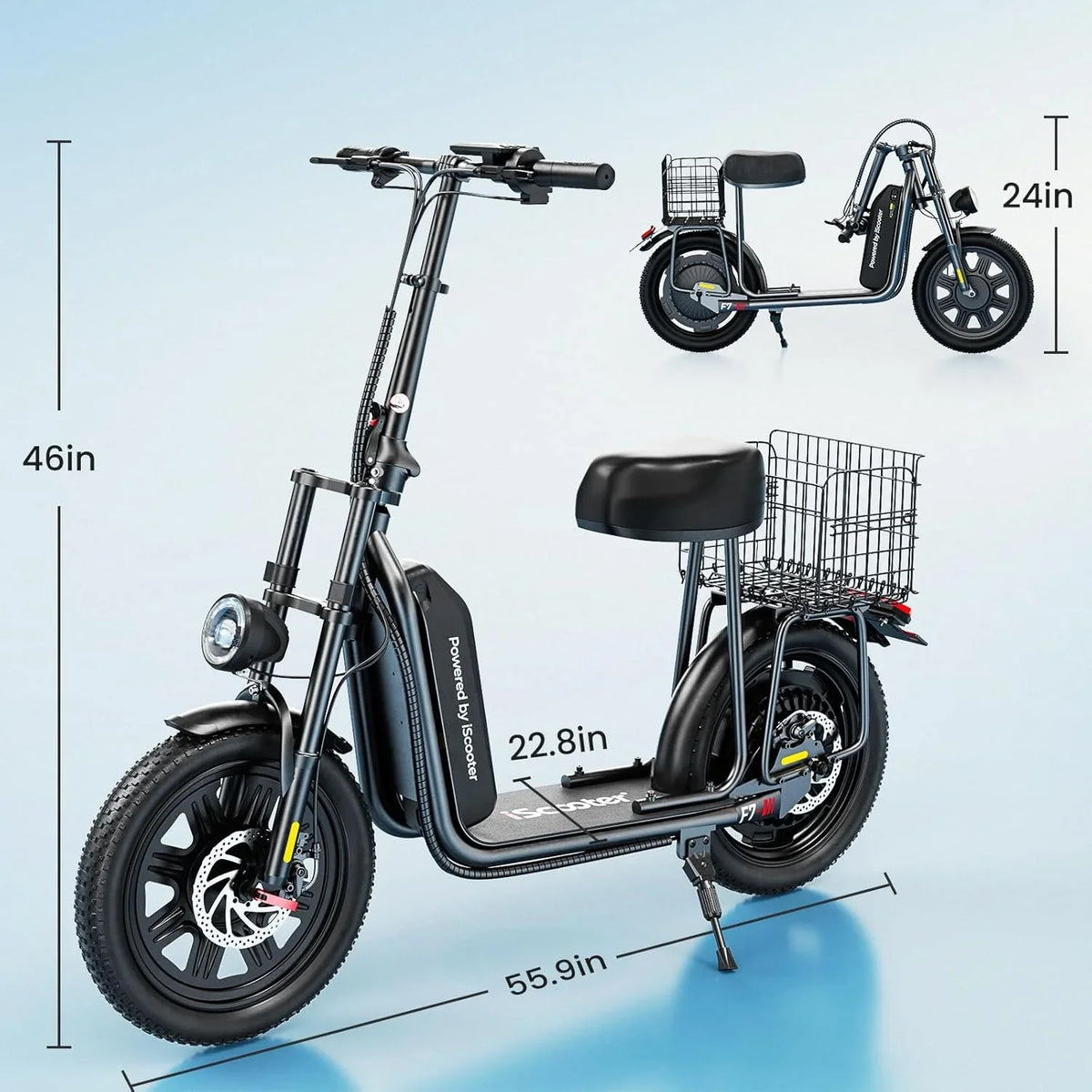 iScooter electric scooter with seat, 37/21 mile range, 28/19/15.6 mph top speed, dual suspension scooter with basket
