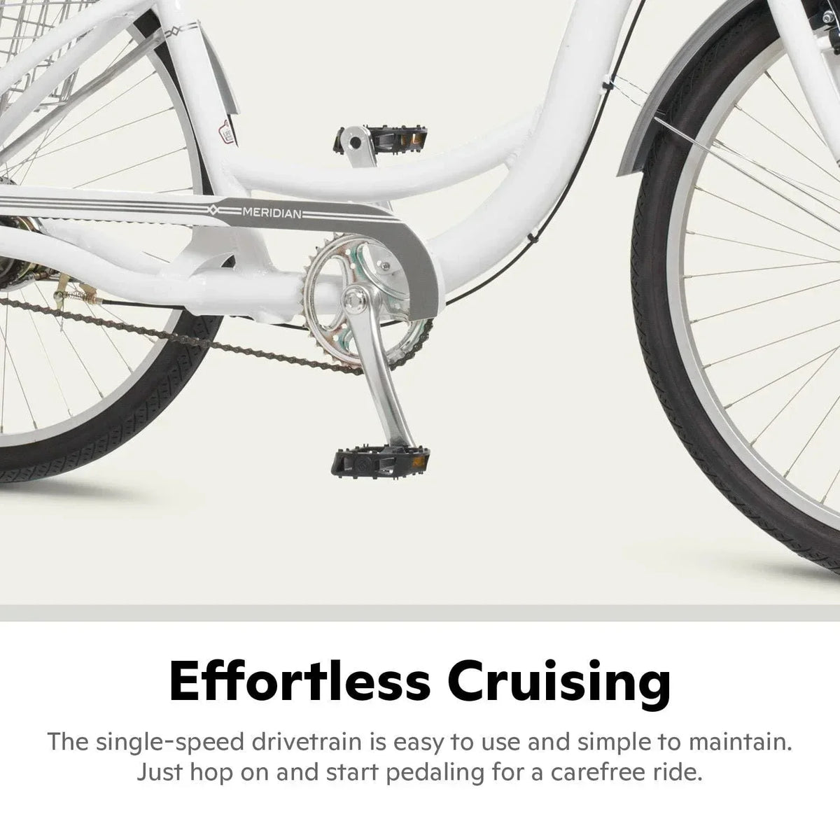 2025 Schwinn Meridian Adult Tricycle, Men's and Women's Beach Cruiser, 26-inch Wheels, Low Step-Through, Wide Saddle, Folding Rear Basket.