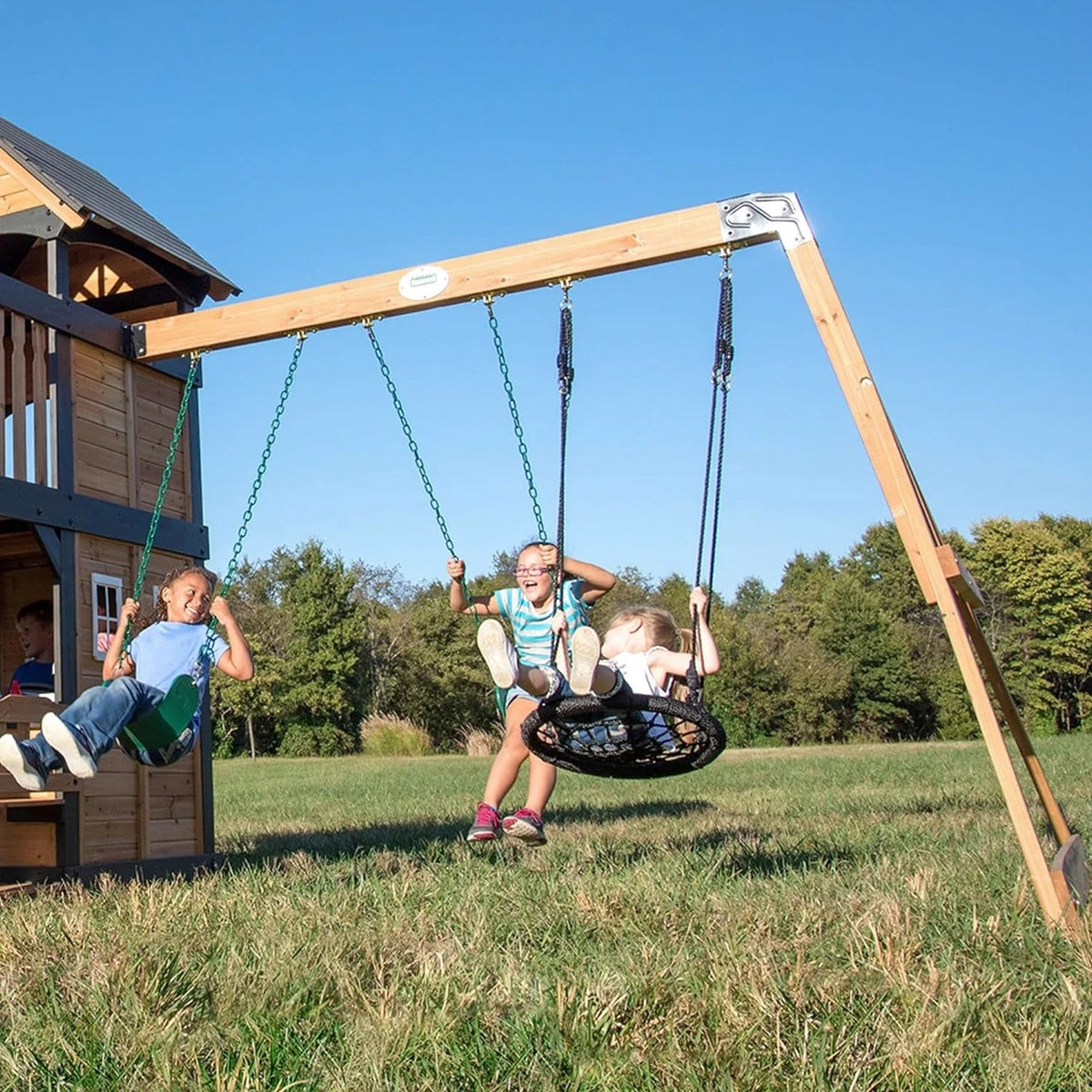 Backyard Discovery Canyon Creek Cedar Wood Swing Set with Wave Slide, Clubhouse, Play Kitchen, Picnic Area, Belt Swings, Web Swing, Rock Wall, Balconies, Playhouse, Step Ladder, Outdoor Playset