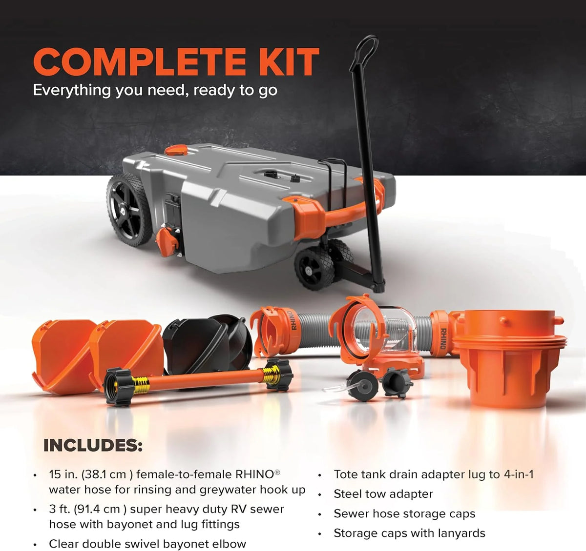 36-Gallon Portable Camper / RV Tote Tank - Features Large Heavy-Duty No-Flat Wheels & Built-In Gate Valve - Removable Steel Tow Adapter, 3 ?RV Sewer Hose & More RV Accessories (39006)