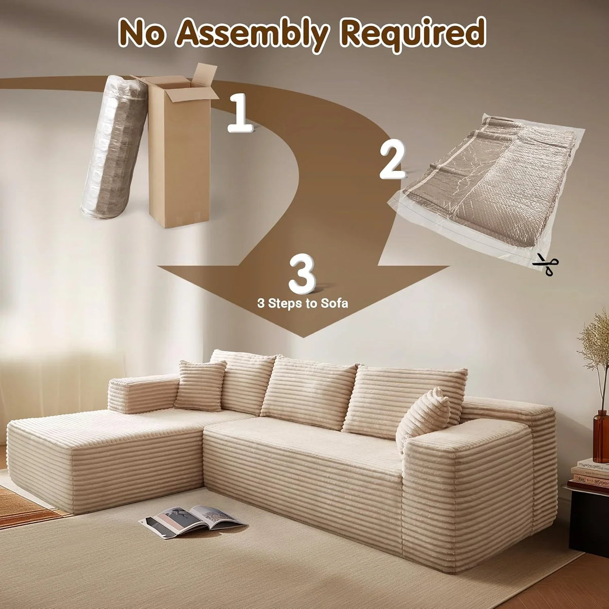 ovios 104" Cloud Sectional Couch with L-Shape Chaise,Modern Modular Sofa with Deep Seat, Upholstered Couches for Living Room Bedroom,No Assembly Required, Grey (Plush Corduroy Fabric)