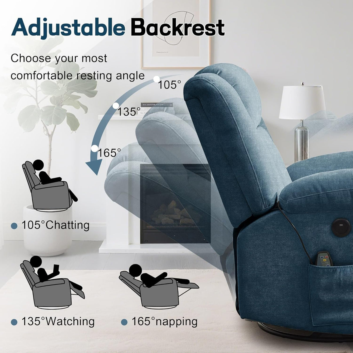 Rocker Recliner, Glider Recliner Chairs for Adults, 360° Swivel Rocking Chair with Massage and Heating, Nursery Chair with Storage and USB Charging for Living Room, Bedroom, Nursery