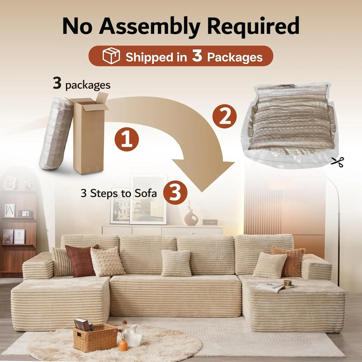 ovios 104" Cloud Sectional Couch with L-Shape Chaise,Modern Modular Sofa with Deep Seat, Upholstered Couches for Living Room Bedroom,No Assembly Required, Grey (Plush Corduroy Fabric)
