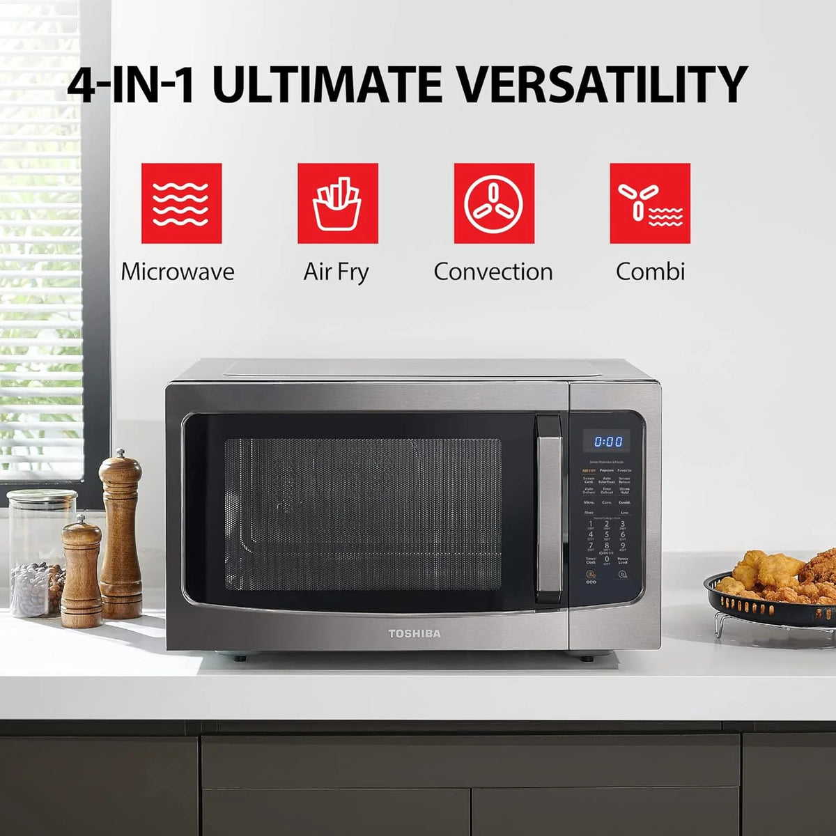 TOSHIBA 4-in-1 ML-EC42P(SS) Countertop Microwave Oven, Smart Sensor, Convection, Air Fryer Combo, Mute Function, Position Memory 13.6" Turntable, 1.5 Cu Ft, 1000W, Silver
