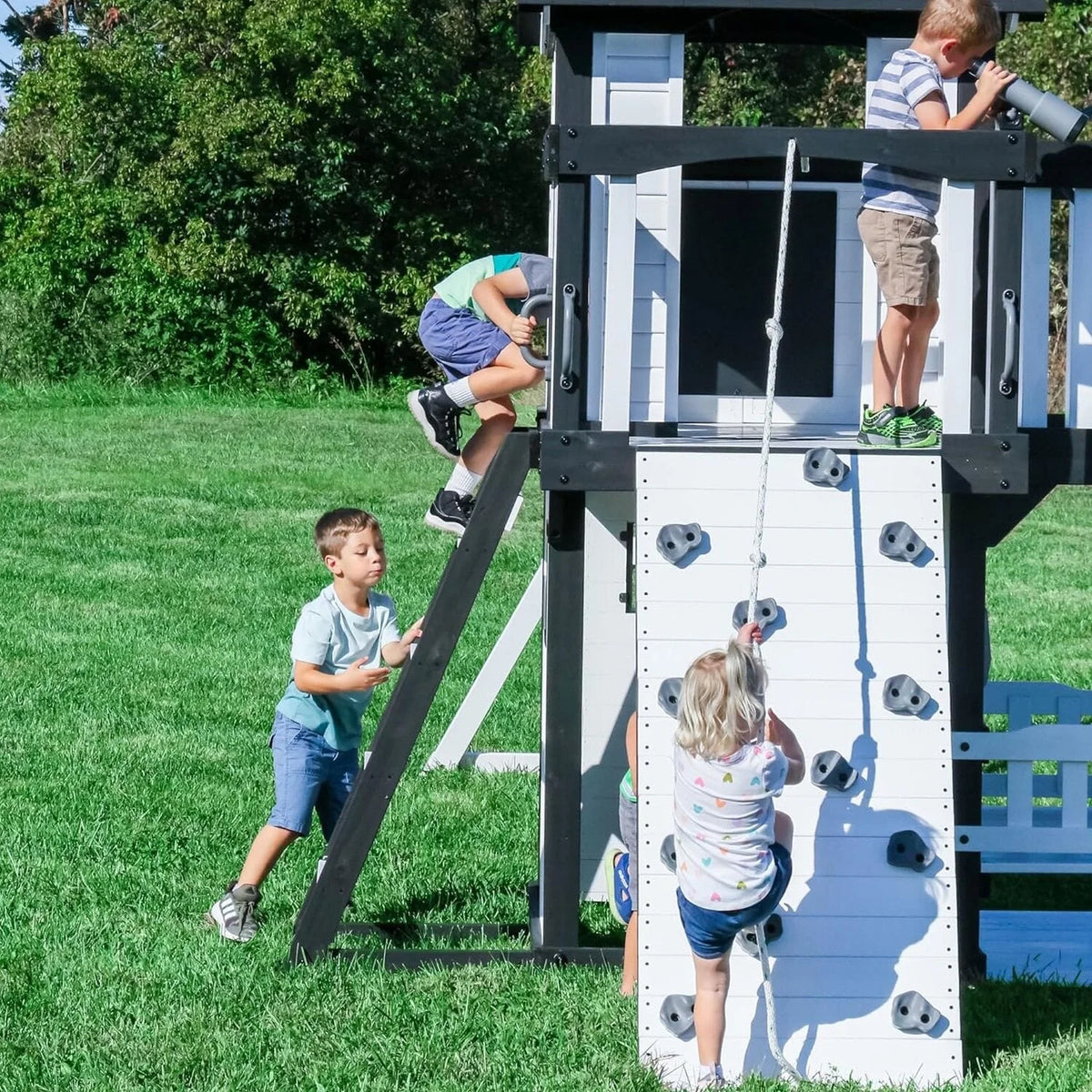Backyard Discovery Canyon Creek Cedar Wood Swing Set with Wave Slide, Clubhouse, Play Kitchen, Picnic Area, Belt Swings, Web Swing, Rock Wall, Balconies, Playhouse, Step Ladder, Outdoor Playset