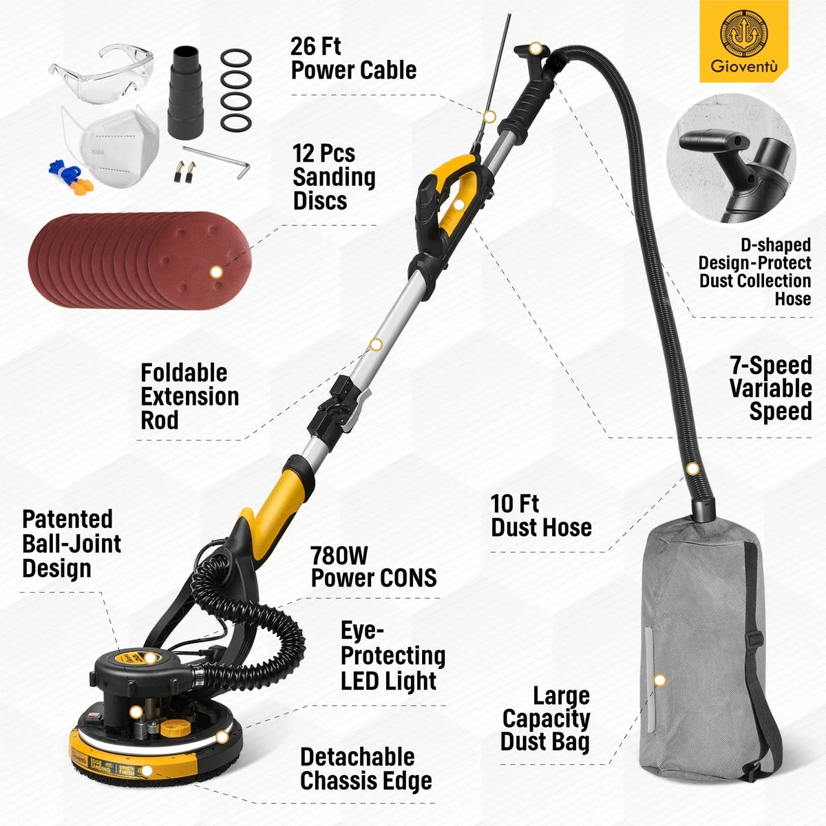 Giovent? Electric Drywall Sander with Dust Extraction, Suitable for Popcorn Ceilings