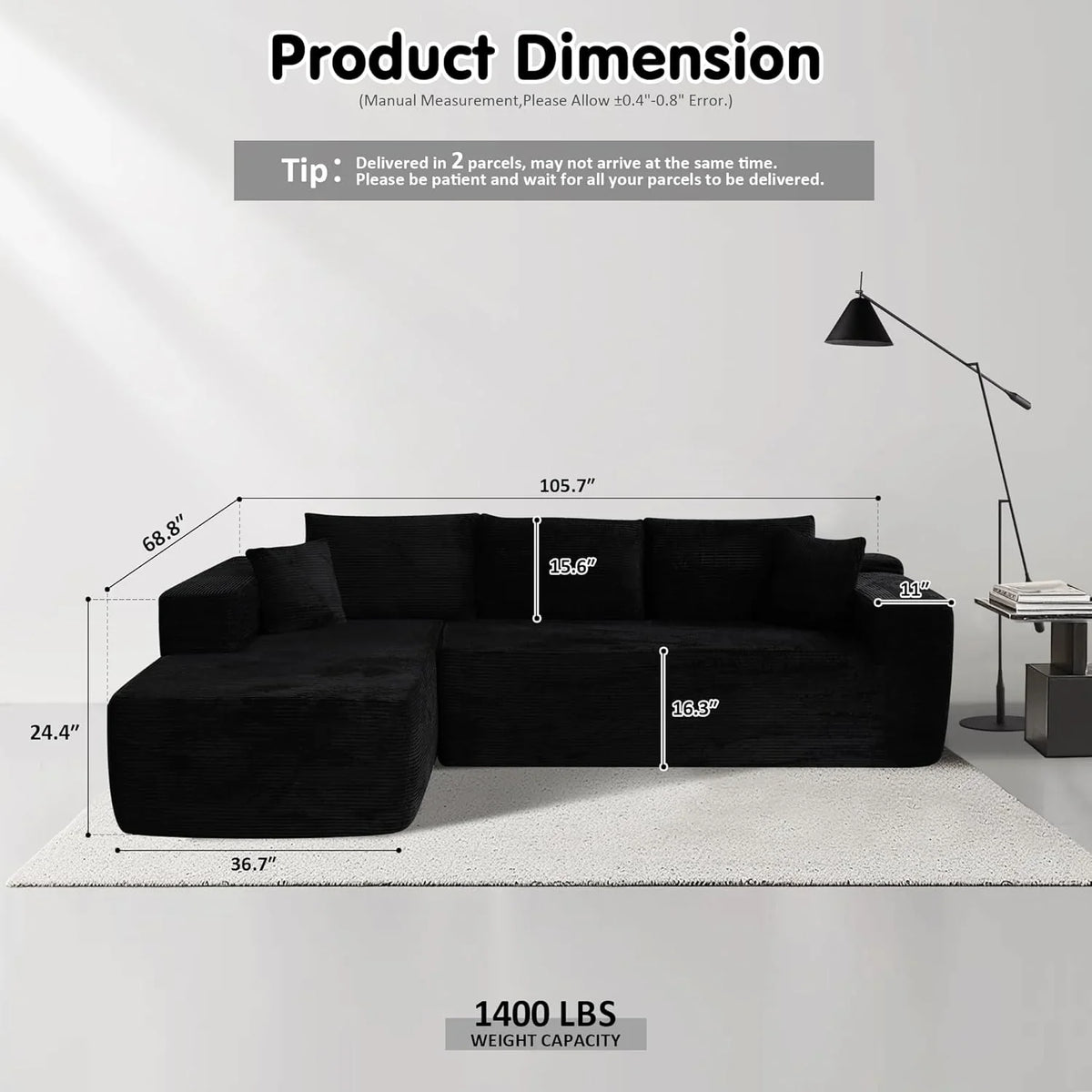 ovios 104" Cloud Sectional Couch with L-Shape Chaise,Modern Modular Sofa with Deep Seat, Upholstered Couches for Living Room Bedroom,No Assembly Required, Grey (Plush Corduroy Fabric)