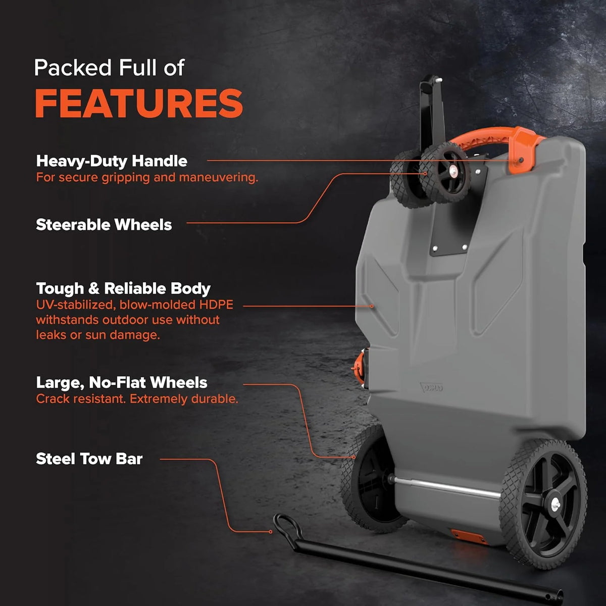 36-Gallon Portable Camper / RV Tote Tank - Features Large Heavy-Duty No-Flat Wheels & Built-In Gate Valve - Removable Steel Tow Adapter, 3 ?RV Sewer Hose & More RV Accessories (39006)