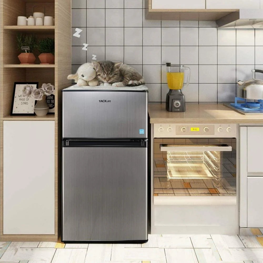 g Mini Fridge with Freezer, 3.1 Cu.Ft Small Refrigerator, Compact Refrigerator with LED Light, 2 doors, Mini Fridge for Bedroom, Office, Dorm, RV, Garage, Stainless Steel Sliver -HPVFR310