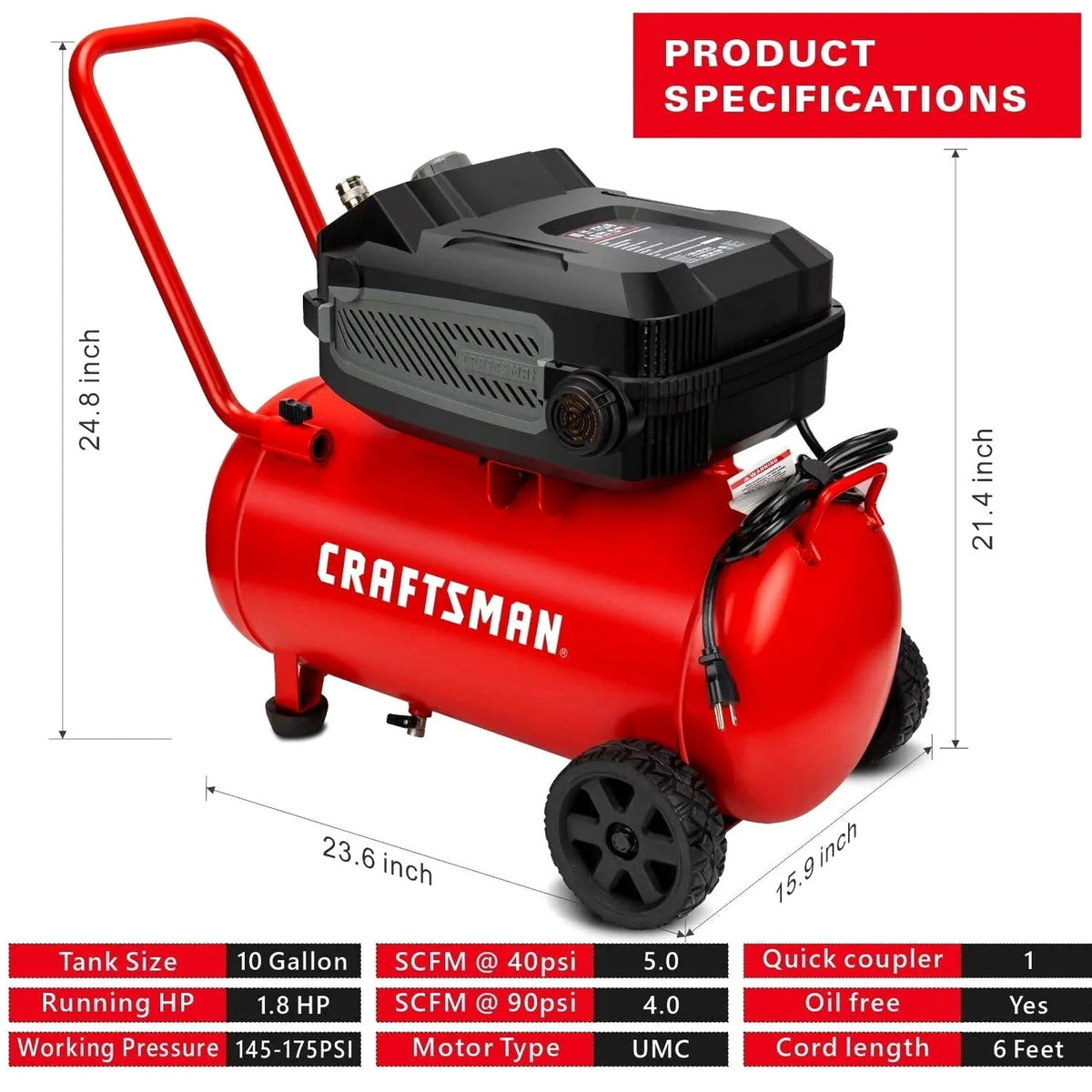 CRAFTSMAN HARD Air Compressor, 10 Gallon 1.8 HP 175 PSI, 4.0CFM@90PSI, Oil Free and Maintenance Free, Portable with Large Wheels, CMXECXA0201041