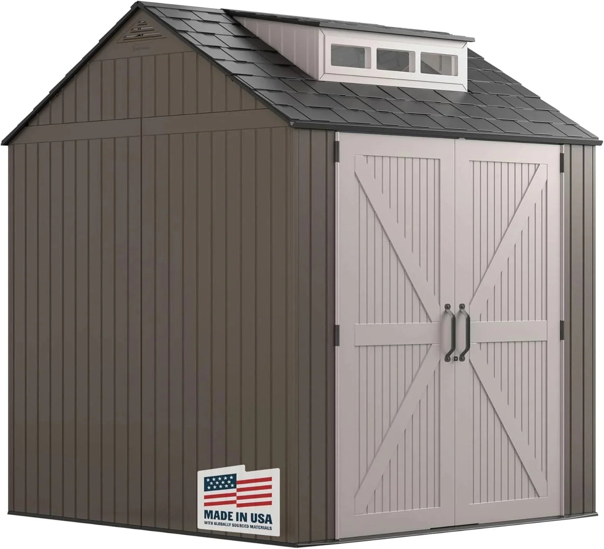 Rubbermaid resin garden shed with floor (2.13 x 2.13 m), weatherproof, grey, for storing garden tools, lawnmowers, bicycles and pool accessories