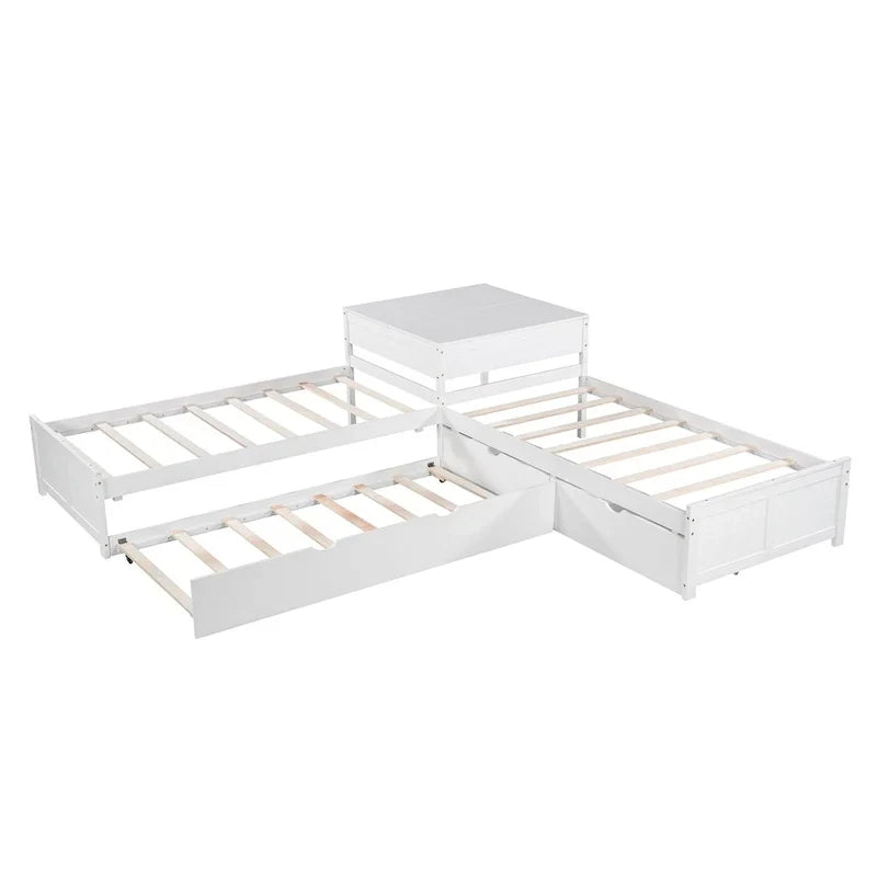 White Modern Twin Size L-shaped Platform Bed with Trundle and Drawers for Bedroom