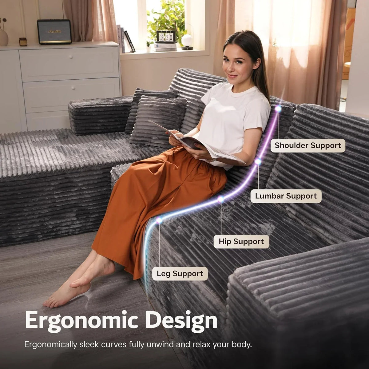 ovios 104" Cloud Sectional Couch with L-Shape Chaise,Modern Modular Sofa with Deep Seat, Upholstered Couches for Living Room Bedroom,No Assembly Required, Grey (Plush Corduroy Fabric)