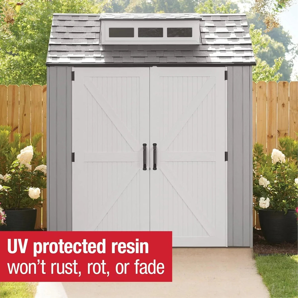 Rubbermaid resin garden shed with floor (2.13 x 2.13 m), weatherproof, grey, for storing garden tools, lawnmowers, bicycles and pool accessories