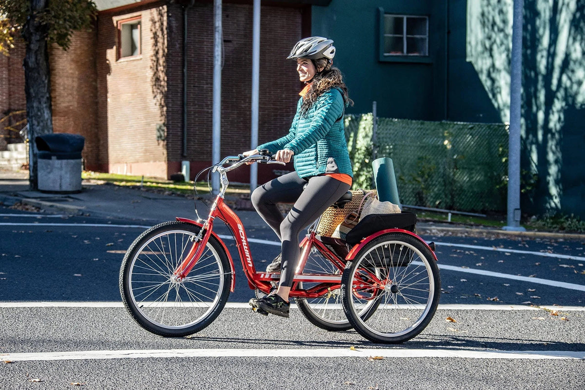 2025 Schwinn Meridian Adult Tricycle, Men's and Women's Beach Cruiser, 26-inch Wheels, Low Step-Through, Wide Saddle, Folding Rear Basket.