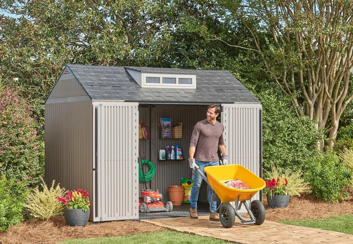 Rubbermaid resin garden shed with floor (2.13 x 2.13 m), weatherproof, grey, for storing garden tools, lawnmowers, bicycles and pool accessories