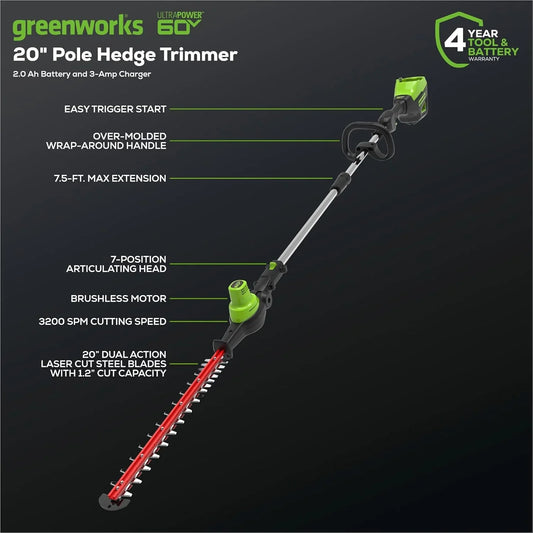 Greenworks 60V 20" Brushless Cordless Battery Powered Pole Hedge Trimmer, 2.0Ah Battery and Charger Included