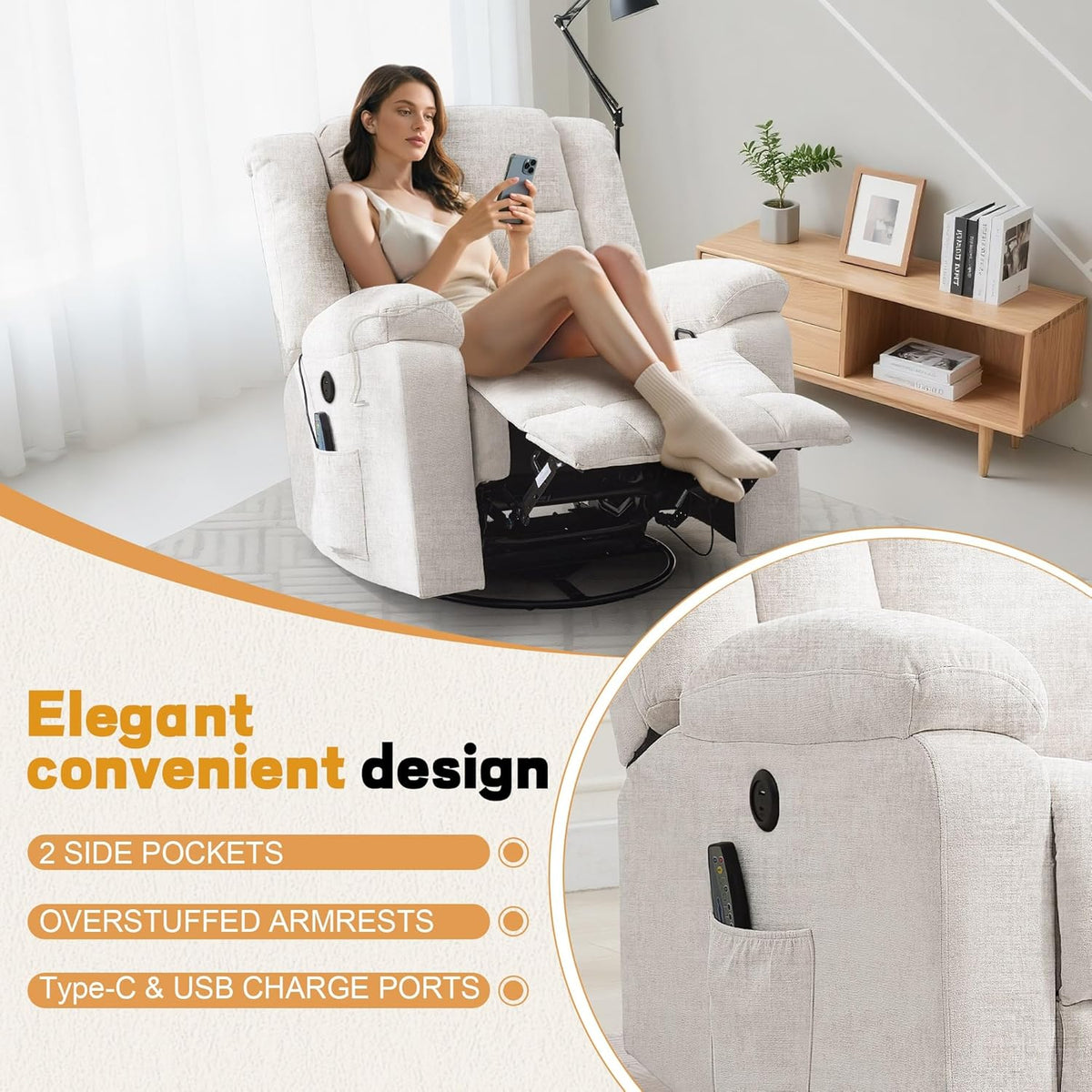 Rocker Recliner, Glider Recliner Chairs for Adults, 360° Swivel Rocking Chair with Massage and Heating, Nursery Chair with Storage and USB Charging for Living Room, Bedroom, Nursery