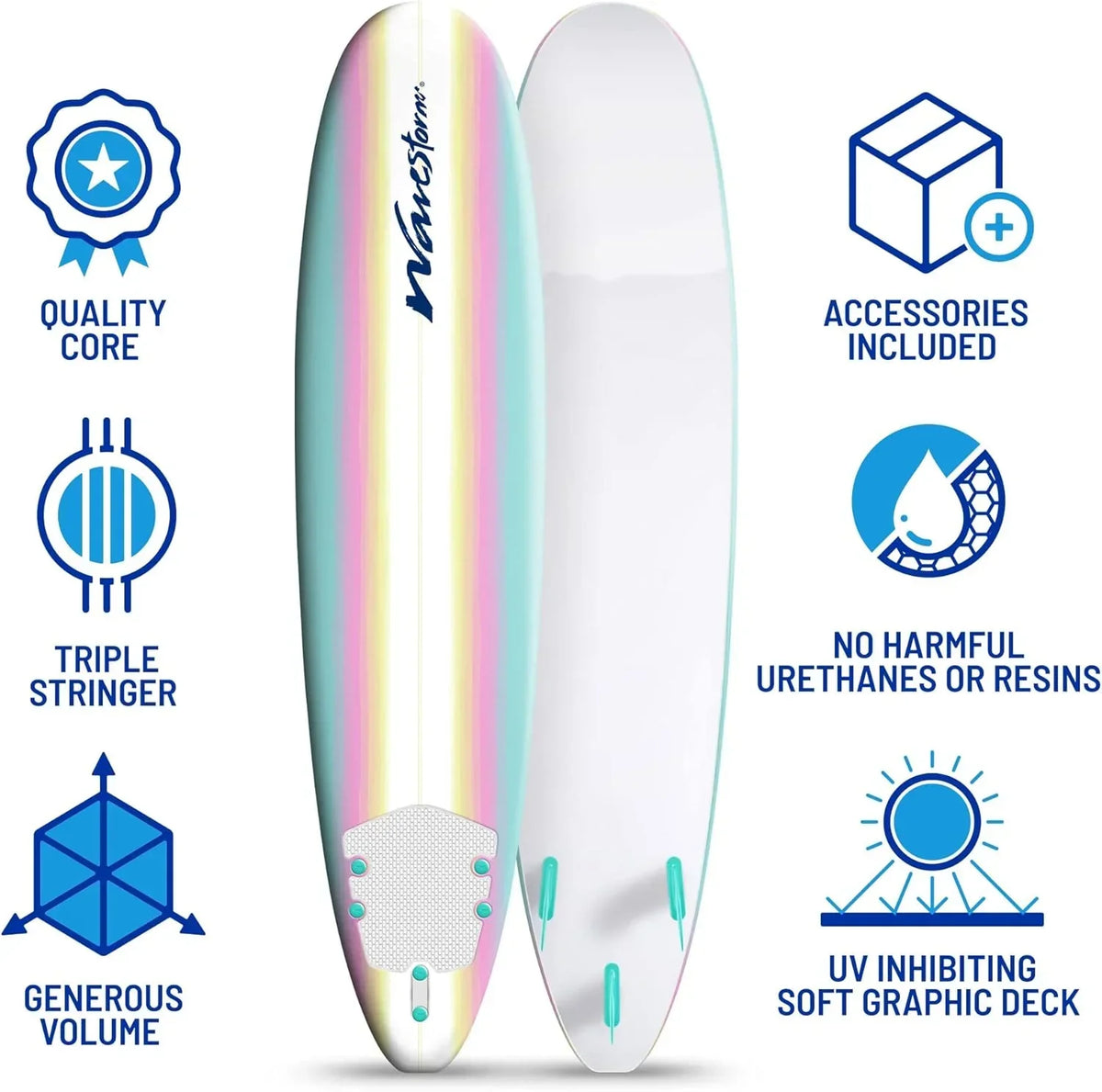 Wavestorm 8ft Classic Surfboard // Foam Wax Free Soft Top Longboard for Adults and Kids of All Levels of Surfing